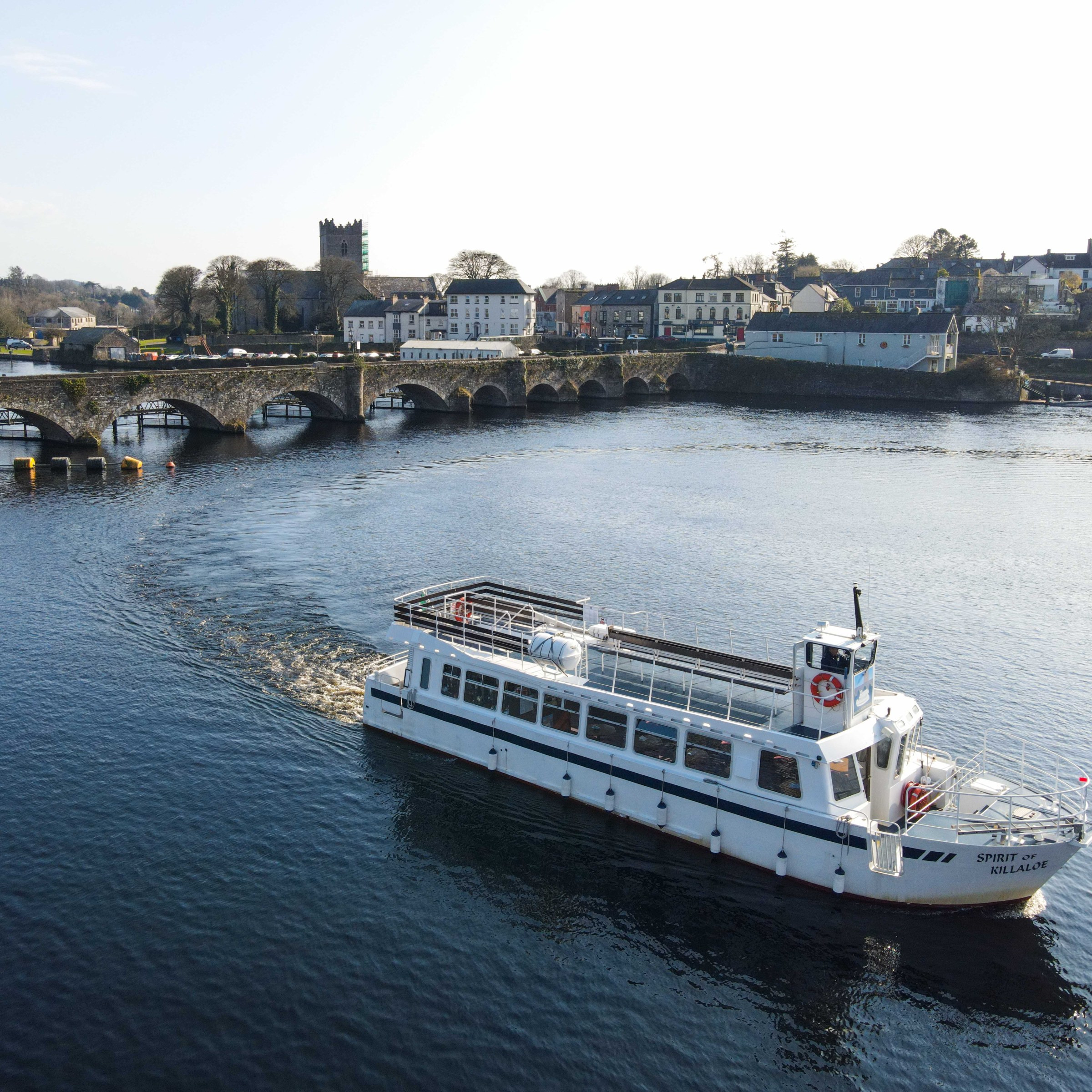 Passenger boat on a river near an arched bridge and town in daylight.