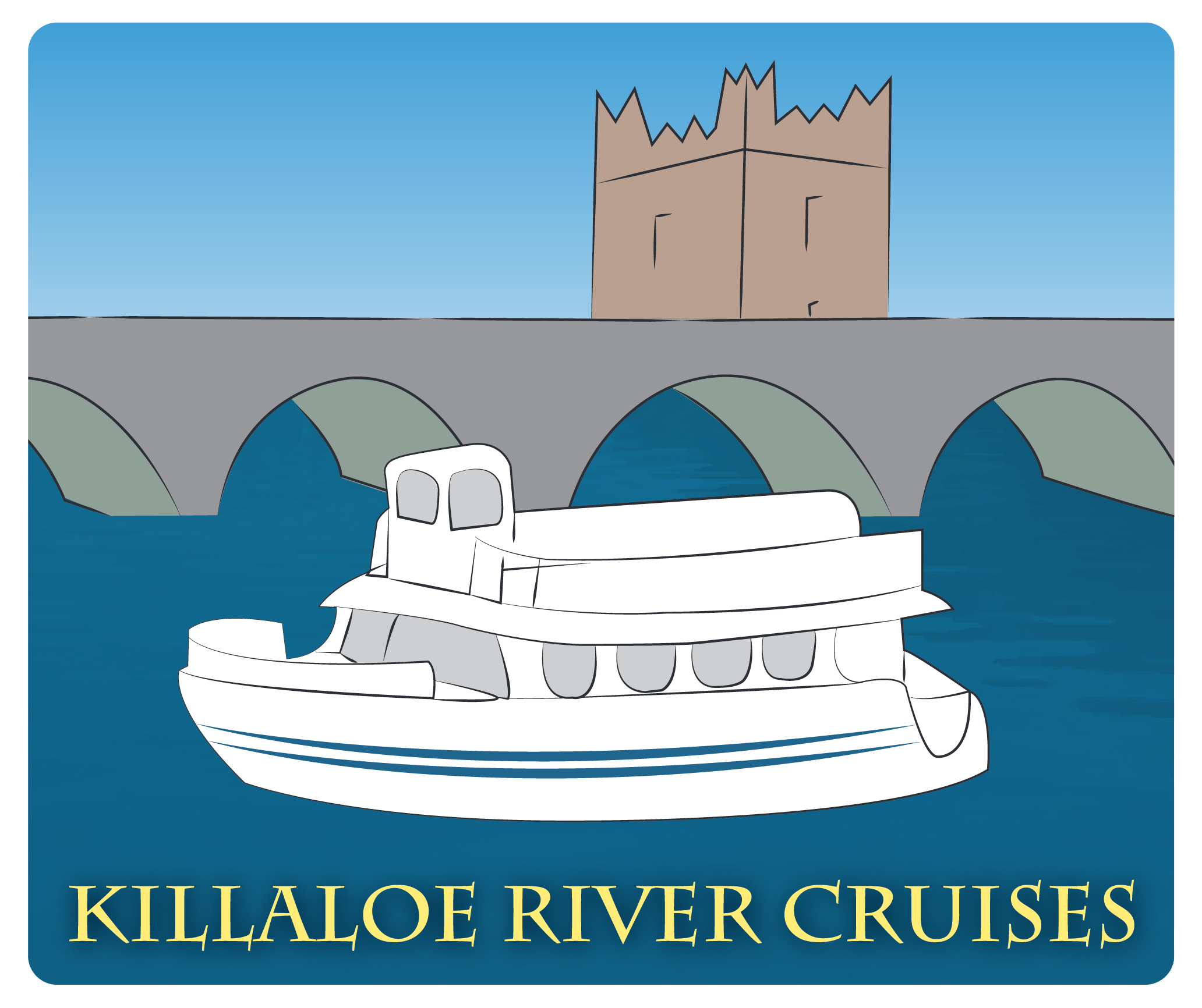 Illustration of a boat cruising on a river with a bridge and tower in the background.
