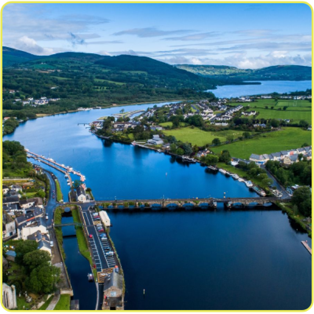 Aerial view of a river, bridge, and town with hills and lush greenery.